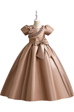 Stylecast Girls Khaki Round Neck Puff Sleeve Bow Party Fit & Flare Maxi Dress