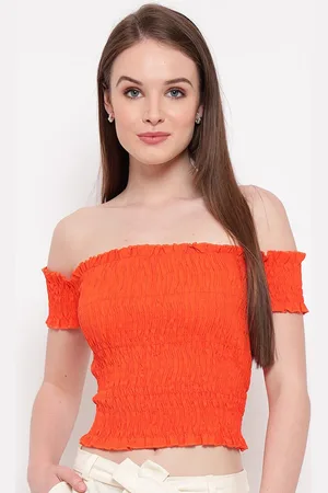 BAESD Self Design Off Shoulder Smocked Fitted Crop Top