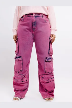 FREAKINS Women Plus Size Relaxed Fit High-Rise Clean Look Cotton Cargo Jeans