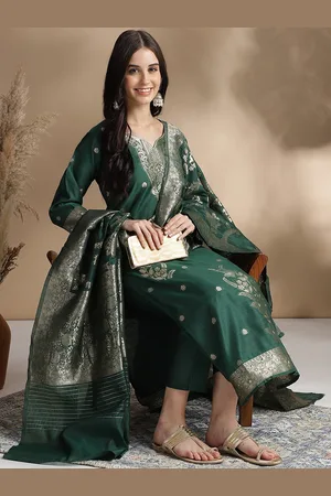 RAJGRANTH Ethnic Motif Woven Design Chanderi Cotton Straight Kurta With Trousers & Dupatta