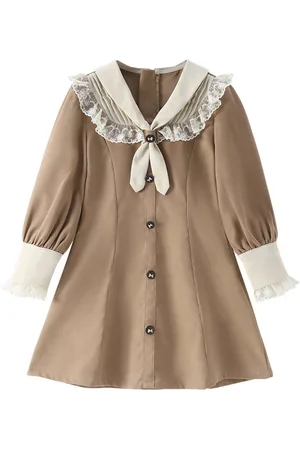 Stylecast Girls Khaki Tie-Up Neck Puff Sleeve Ruffled A-Line Cotton Dress