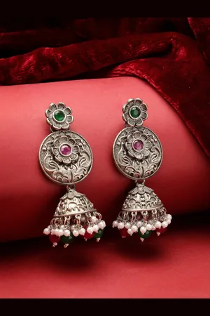 ADIVA Oxidised Silver-Plated Stone-Studded & Pearls Beaded Dome Shaped Jhumkas