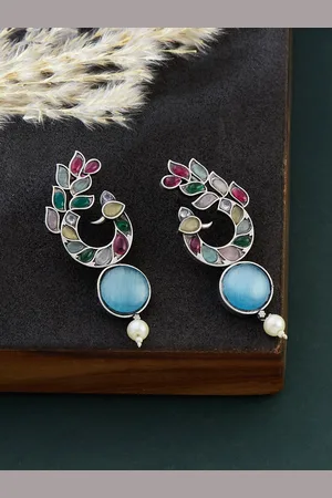 ATIBELLE Silver-Plated Kundan-Studded Contemporary Drop Earrings