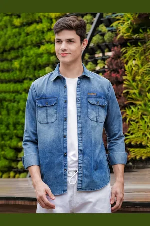 Bushirt Comfort Spread Collar Denim Weave Pure Cotton Casual Shirt