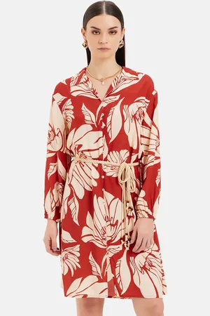 Kazo Floral Printed Mandarin Collar Long Sleeves A-Line Dress
