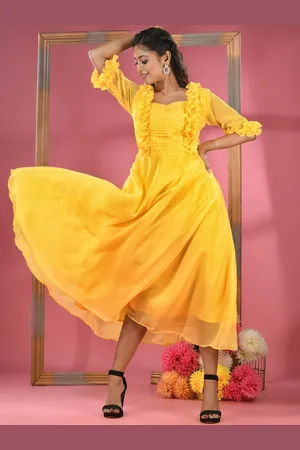 Charukriti Sweetheart Neck Georgette Fit & Flared Dress With Ruffles
