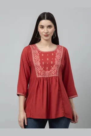 GRACIT Floral Embroidery Round Neck Three-Quarter Flared Sleeves Ethnic Top