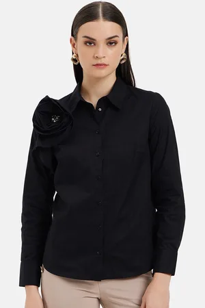 Kazo Women Spread Collar Long Sleeves Ruffled 3D Flower Standard Opaque Formal Shirt