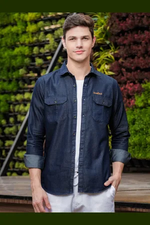 Bushirt Comfort Spread Collar Denim Weave Pure Cotton Casual Shirt