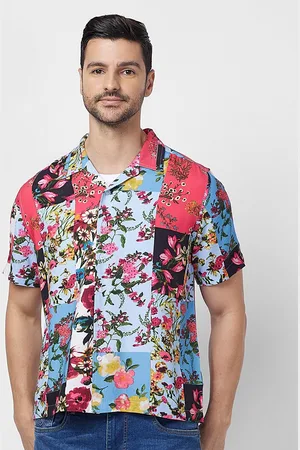 Globus Men Cuban Collar Patch Printed Smart Casual Shirt