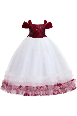 Stylecast Girls Maroon & White Embellished Shoulder Straps Maxi Gown Dress