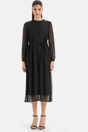 Kazo Self Design Round Neck Puff Sleeve Tie-Ups Formal A-Line Midi Dress