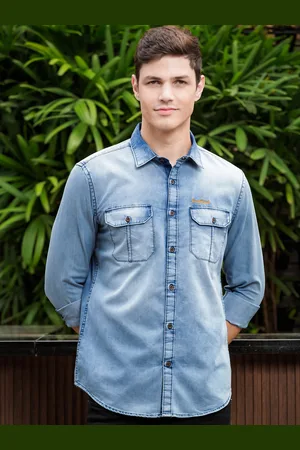 Bushirt Comfort Spread Collar Denim Weave Pure Cotton Casual Shirt