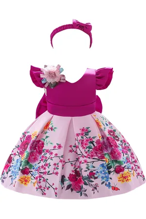 Stylecast Girls Fuchsia Floral Printed V-Neck Puff Sleeves Party Fit & Flare Midi Dress