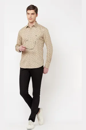 Crimsoune Club Men Beige Slim Fit Floral Printed Pure Cotton Casual Shirt