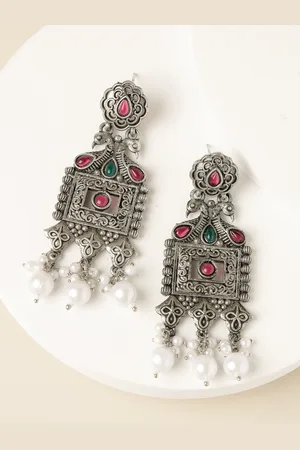 ADIVA Silver-Plated Contemporary Oxidised Drop Earrings