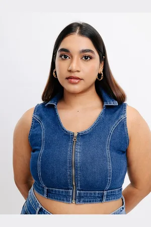 FREAKINS Cotton Round Neck Denim Opaque Crop Plus Size Top