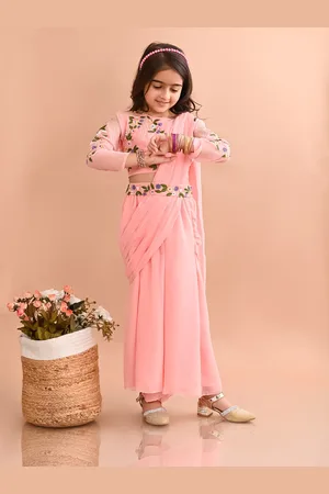 LilPicks Girls Embroidered Top & Palazzo with Attached Dupatta and Belt