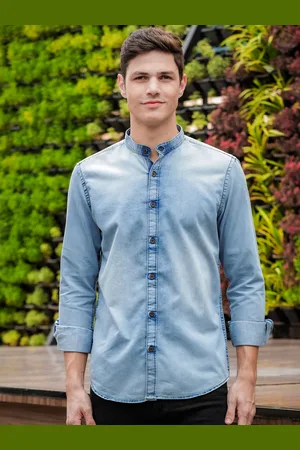 Bushirt Comfort Band Collar Denim Weave Pure Cotton Casual Shirt