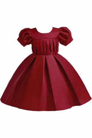 Stylecast Girls Red Puff Sleeve Ruffled Round Neck Fit & Flare Midi Dress