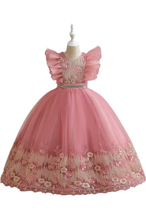 Stylecast Girls Pink Floral V-Neck Flutter Sleeves Applique Party Balloon Midi Dress