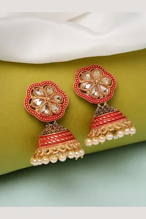 ADIVA Gold-Plated Stone-Studded & Pearl Beaded Classic Dome Shaped Jhumkas