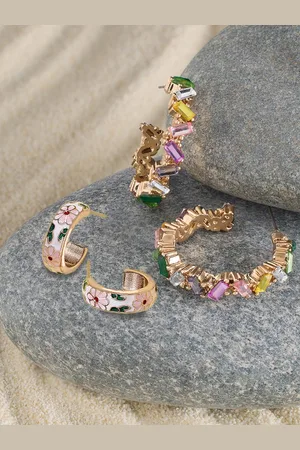 Ami Set of 2 Gold Plated Artificial Stones Half Hoop Earrings