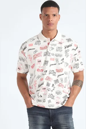 Flying Machine Men White Printed Polo Collar Tropical Pockets T-shirt