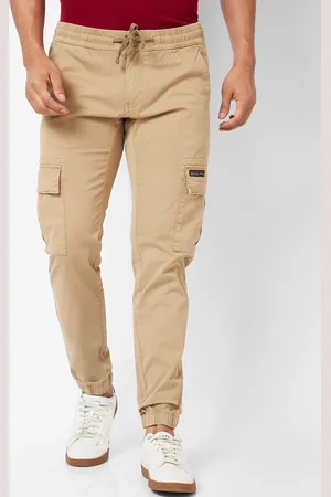 Buy Online|Spykar Men Camel Khaki Lycra Slim Fit Ankle Length Plain Trousers