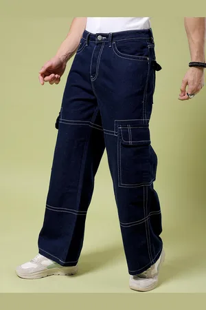 The Indian Garage Co Men Wide Leg Contrast Stitch Mid-Rise Cotton Cargo Jeans