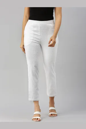 De Moza Women Self Design Original Fit Cotton Cigarette Trousers