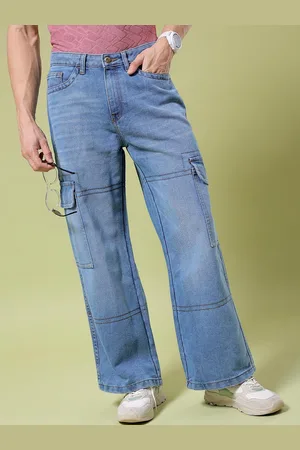 The Indian Garage Co Men Wide Leg Contrast Stitch Mid Rise Cotton Cargo Jeans