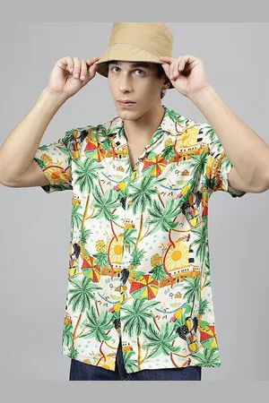 HANCOCK Relaxed Tropical Printed Cuban Collar Short Sleeves Casual Shirt