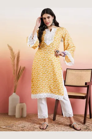 Inddus Floral Printed Thread Work Straight Kurta