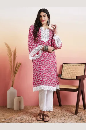 Inddus Floral Printed Thread Work Straight Kurta