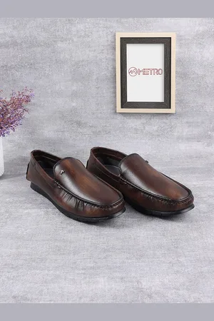 Metro Men Brown Textured Leather Slip-On Loafers