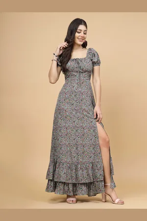RAASSIO Floral Print Puff Sleeves Crepe Maxi Dress