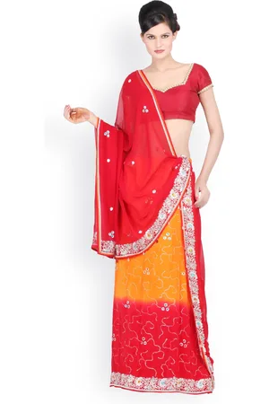 Chhabra 555 Red & Orange Crepe Unstitched Lehenga Choli Material with Dupatta