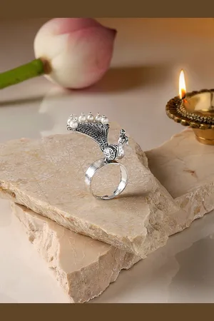 Ami Beaded Peacock Shaped Oxidised Adjustable Finger Ring