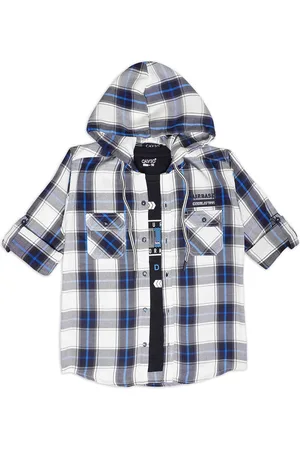CAVIO Boys Long Roll-Up Sleeves Checked Casual Hooded Shirt & T-Shirt