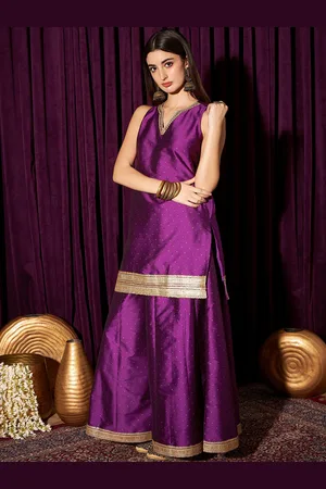 indo street Embroidered V-Neck Sleeveless Beads and Stones Kurta with Sharara