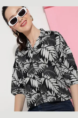 CLEMIRA Tropical Print Shirt Collar Crepe Shirt Style Top