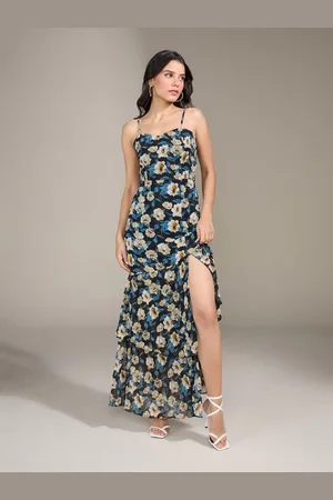 20Dresses Black & Off-White Floral Print High-Slit Tiered Maxi Dress