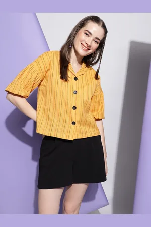 CLEMIRA Striped Puff Sleeve Crepe Shirt Style Top