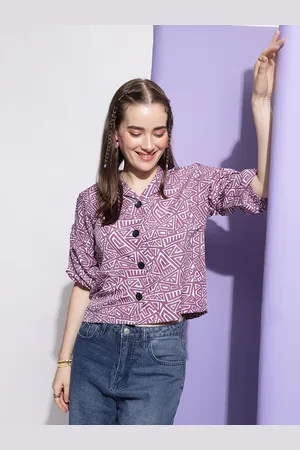 CLEMIRA Geometric Print Georgette Shirt Style Top