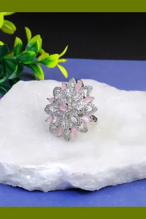 Adwitiya Collection Rhodium Plated Stone Studded Flower Shape Finger Ring
