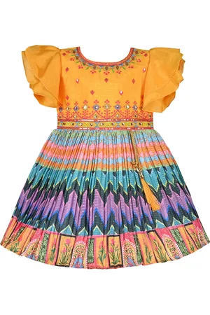 Wish Karo Girls Print Thread Work Flutter Sleeve Satin Fit & Flare Dress