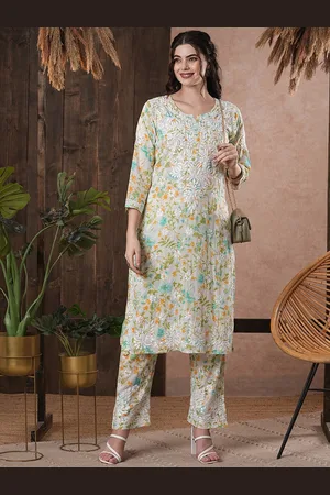 ADAM Co. Floral Printed Round Neck Regular Lucknowi Chikankari Kurta with Trousers