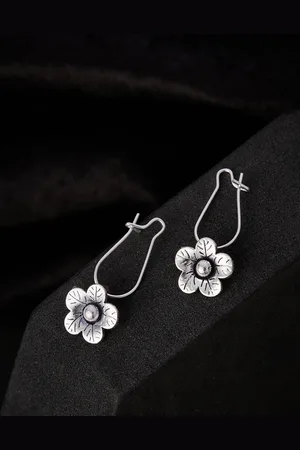 ATIBELLE Silver-Plated German Silver Floral Oxidised Drop Earrings