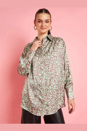 Antheaa Green Abstract Printed Long Sleeves Satin Shirt Style Top